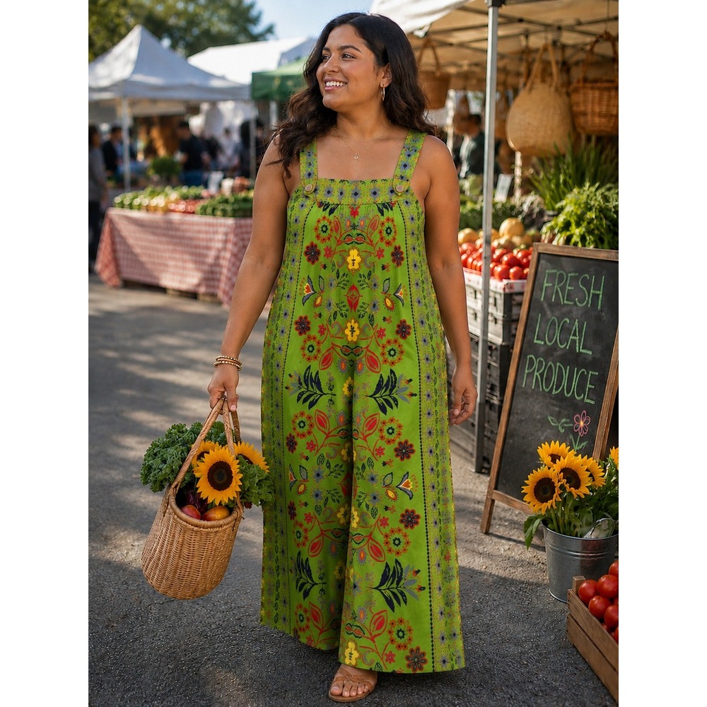 Green Floral Sleeveless Wide Leg Jumpsuit Button Front Boho One Piece